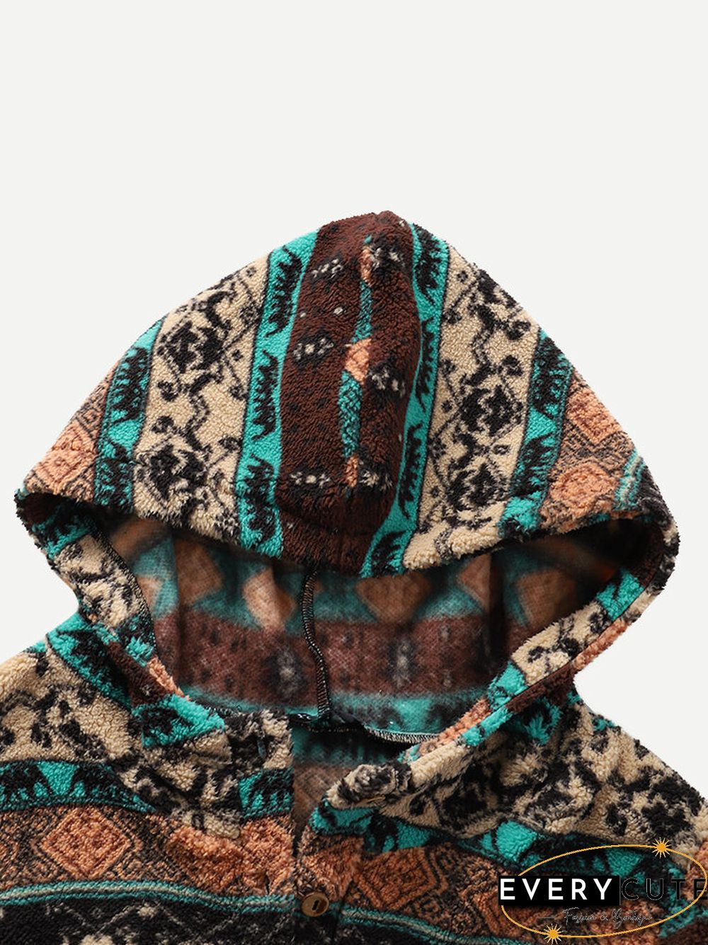 Vintage Ethnic Pattern Print Pocket Hooded Casual Coat for Women