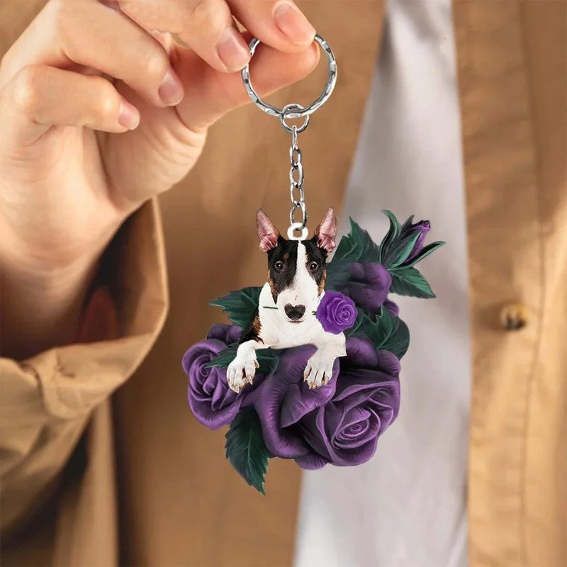 VigorDaily Bull Terrier In Purple Rose Acrylic Keychain PR077