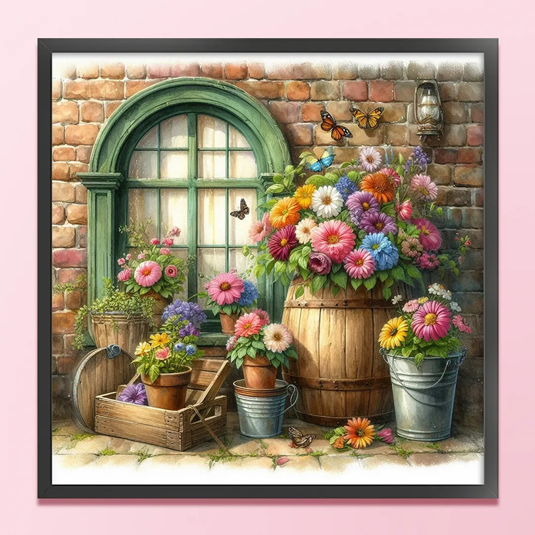 Flowers By The Window Full 11CT DIY Stamped Cross Stitch Kits 40x40cm for Adults