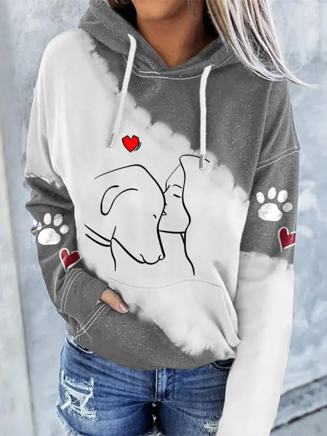Women's Casual Colorblock Dog Paw Printed Hooded Long-Sleeve Sweatshirt