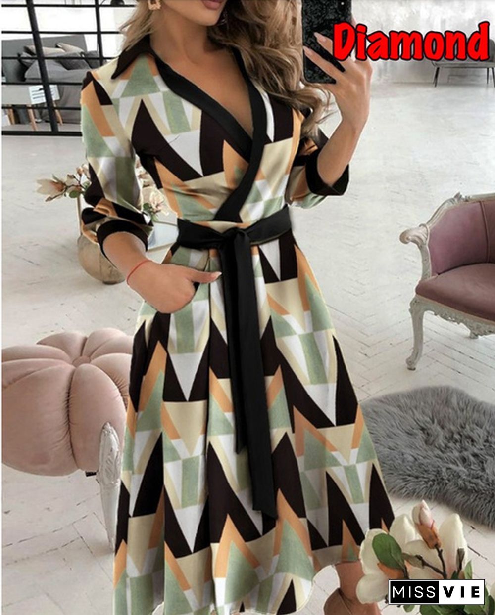 Fashion V-Neck Print Dress-SummerCasualBeltLacePartyLinePromLongSleeveLadiesTunic
