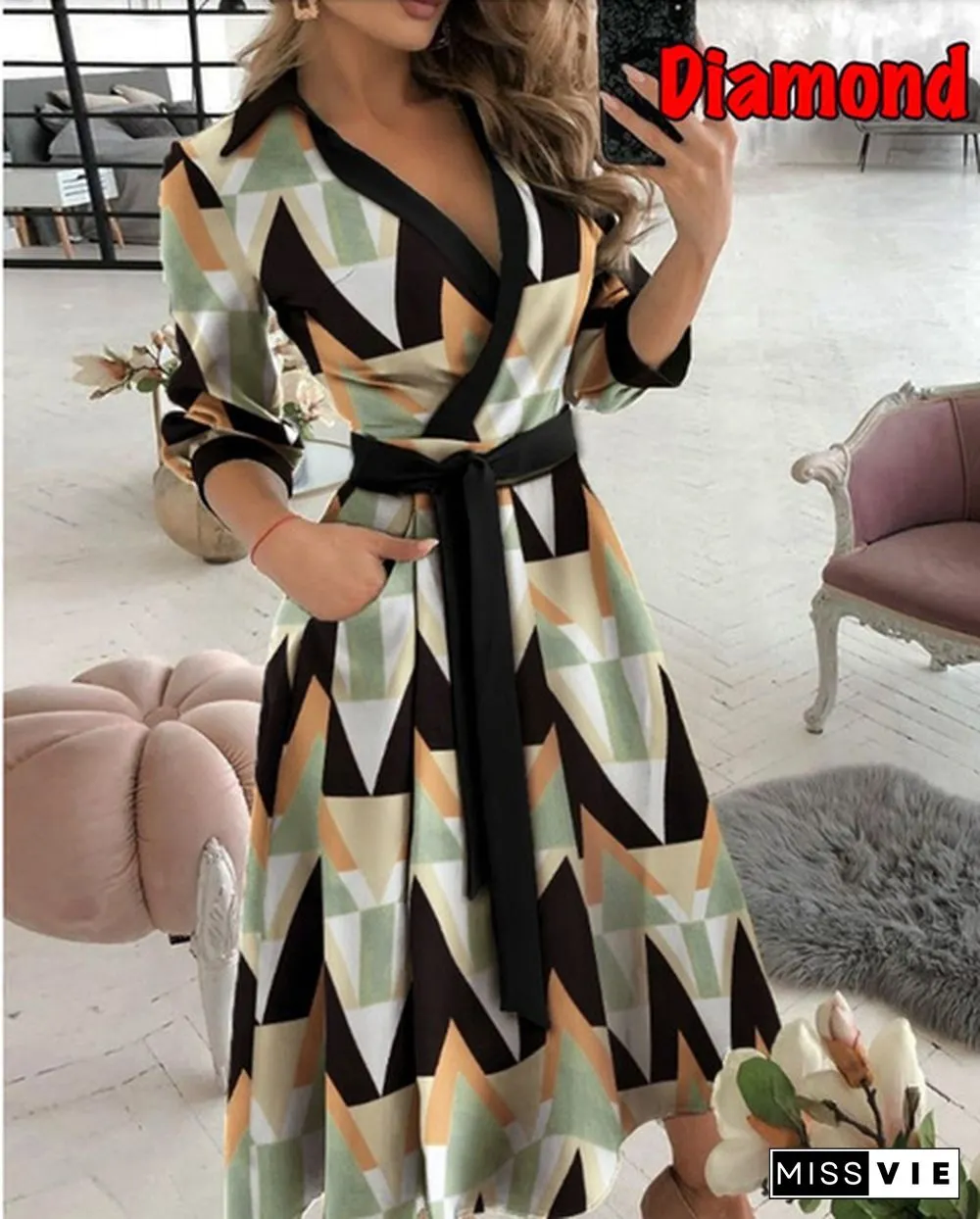 Fashion V-Neck Print Dress-SummerCasualBeltLacePartyLinePromLongSleeveLadiesTunic