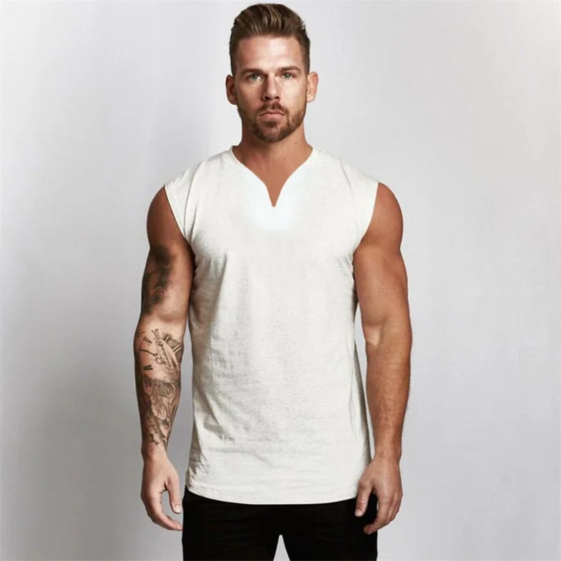 Gym Clothing V Neck Cotton Bodybuilding Tank Top Mens Workout Sleeveless Shirt Fitness Sportswear Running Vests Muscle Singlets