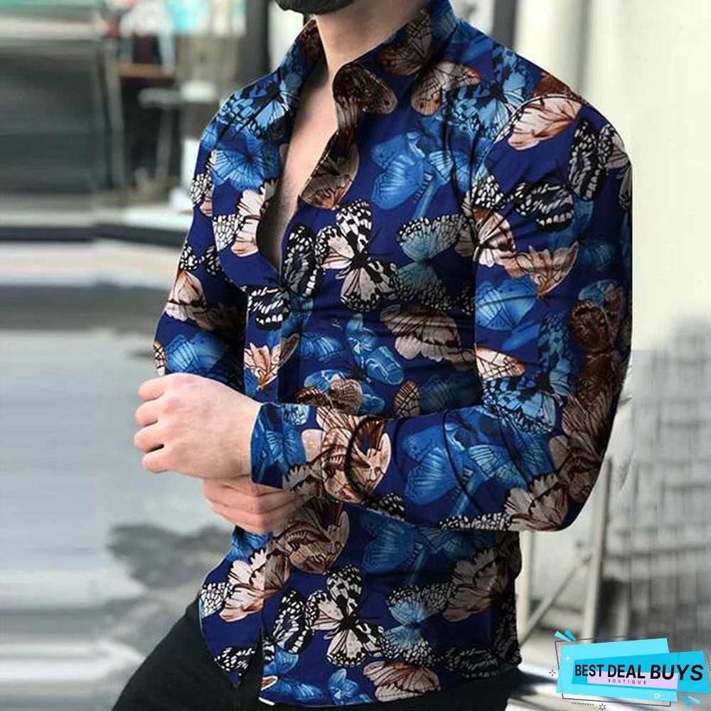 Men's Stylish Butterfly Printed Casual Slim Fit Long Sleeve Shirts