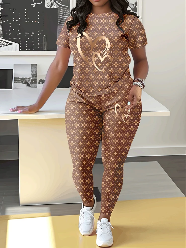 Floral Diamond Grid Love Double Heart Print Casual Black Style Round Neck Fitted Short Sleeve T-Shirt Top, Heart Floral Diamond Grid Print Slim Fit Pants Jogging Set For Home And Outdoor Wear