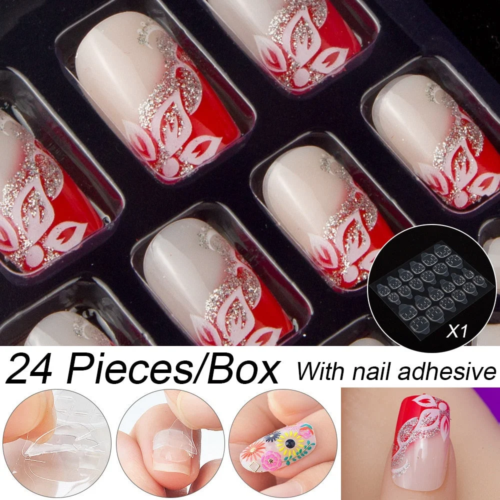 Fashion 24pc/set 10 Sizes Fake Nails Full Cover French False Nail Tips With Double-Sided Nail Adhesive Tab Press On Nails Art-Nail Inspo