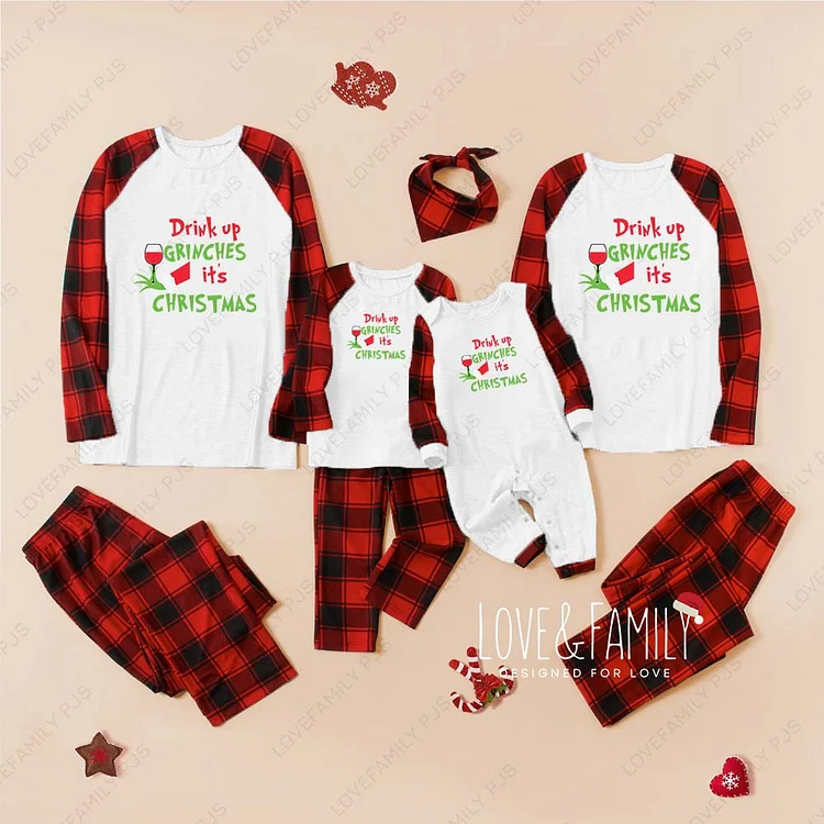Drink Up Grinches Family Buffalo Plaid Pajamas Sets(White)