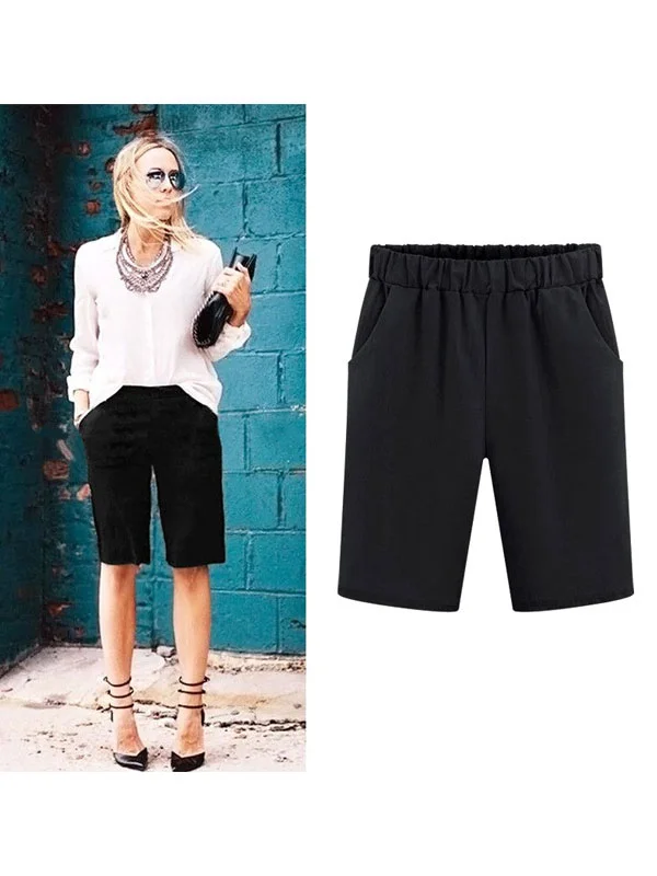 casual cotton linen elastic waist comfortable ladies shorts