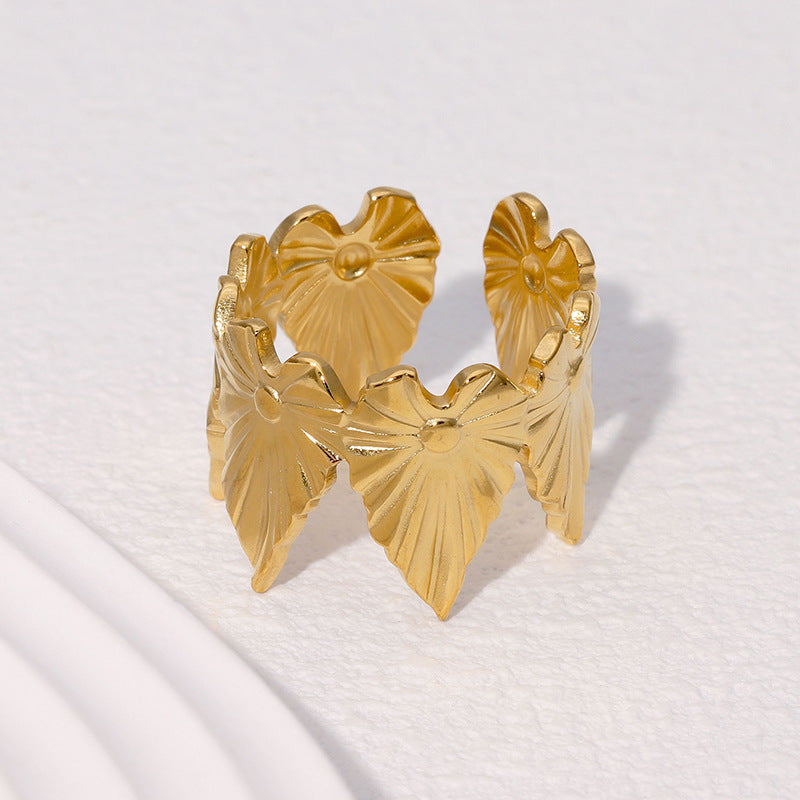 Tropical Leaf Ins Personality Design Simple And Versatile Gold-Plated Stainless Steel Open Ring For Women