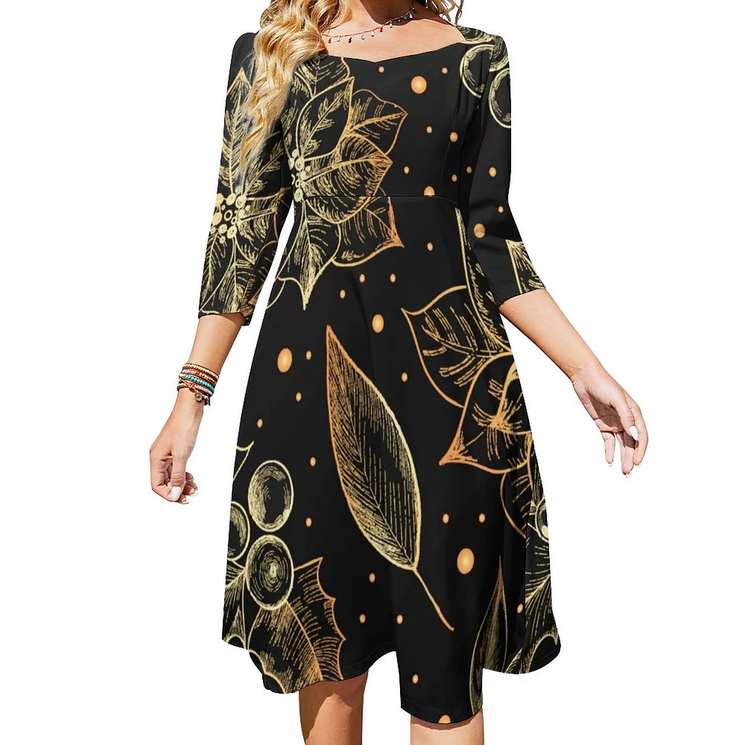 Modern Christmas Hand Drawn Ornament Floral Dress Sweetheart Tie Back Flared 3/4 Sleeve Midi Dresses