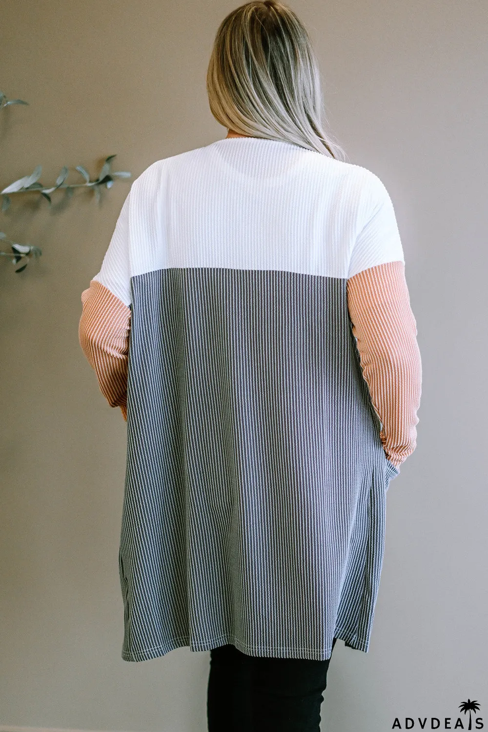 Gray Corded Colorblock Open Front Cardigan