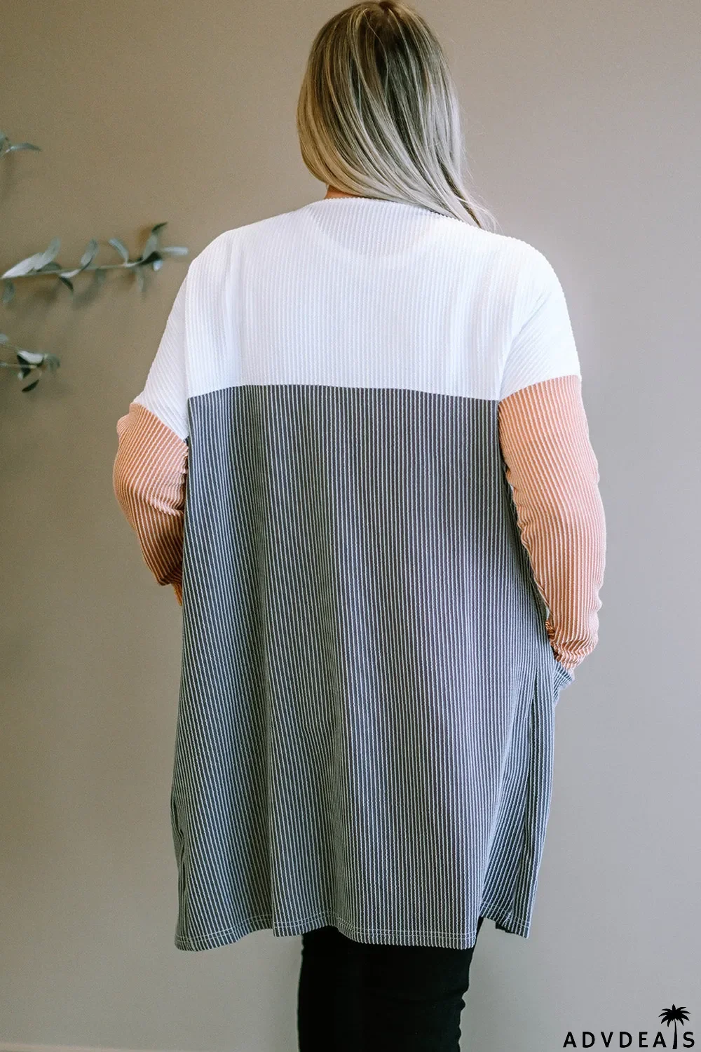 Gray Corded Colorblock Open Front Cardigan