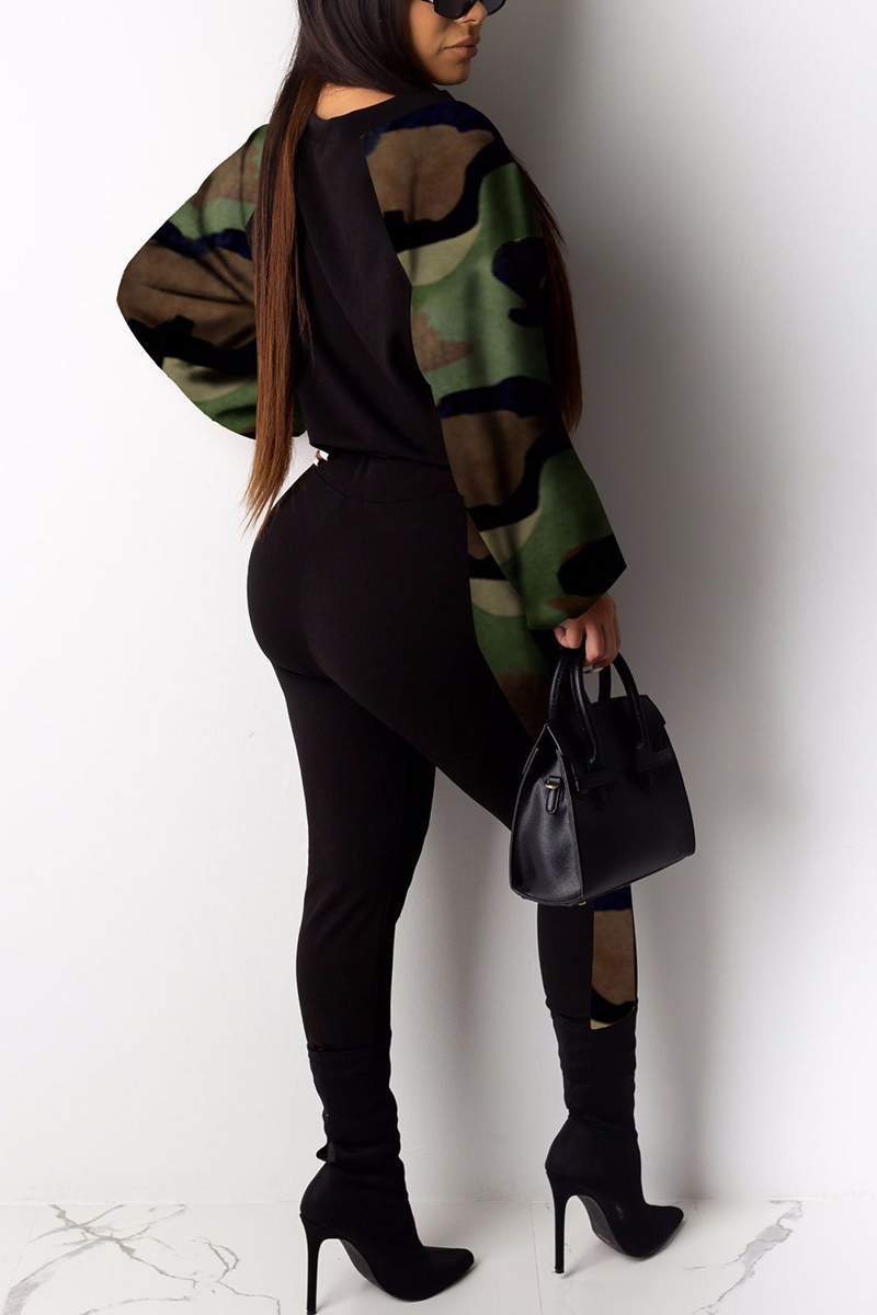 Plus Size Daily Camo Print Long Sleeve Patchwork Two Pieces Pants Set