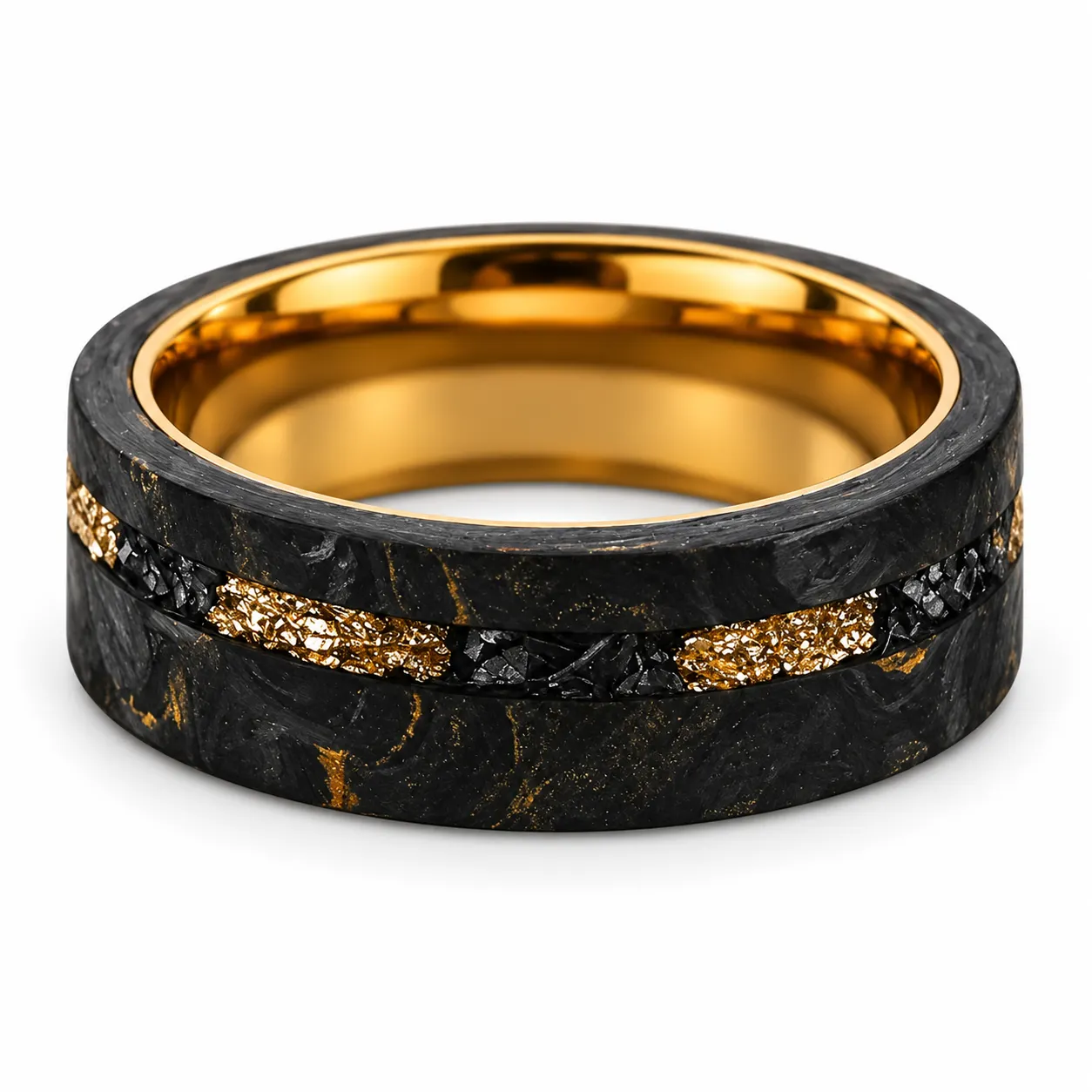  8mm Carbon Fiber Tungsten Ring with Gold Foil and Off-Center Imitation Meteorite Inlay