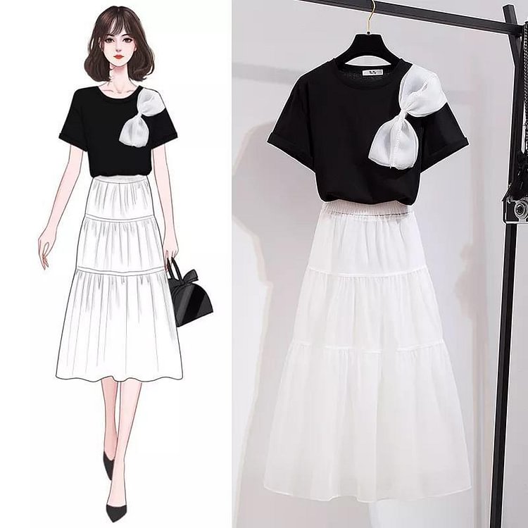 Bowknot Tee+Solid Color Skirt P10353