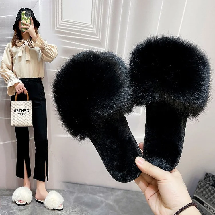 Wongn Wongn Autumn And Winter New Wool Slippers Fashion One-Line Home Indoor Cotton Slippers Women's Shoes