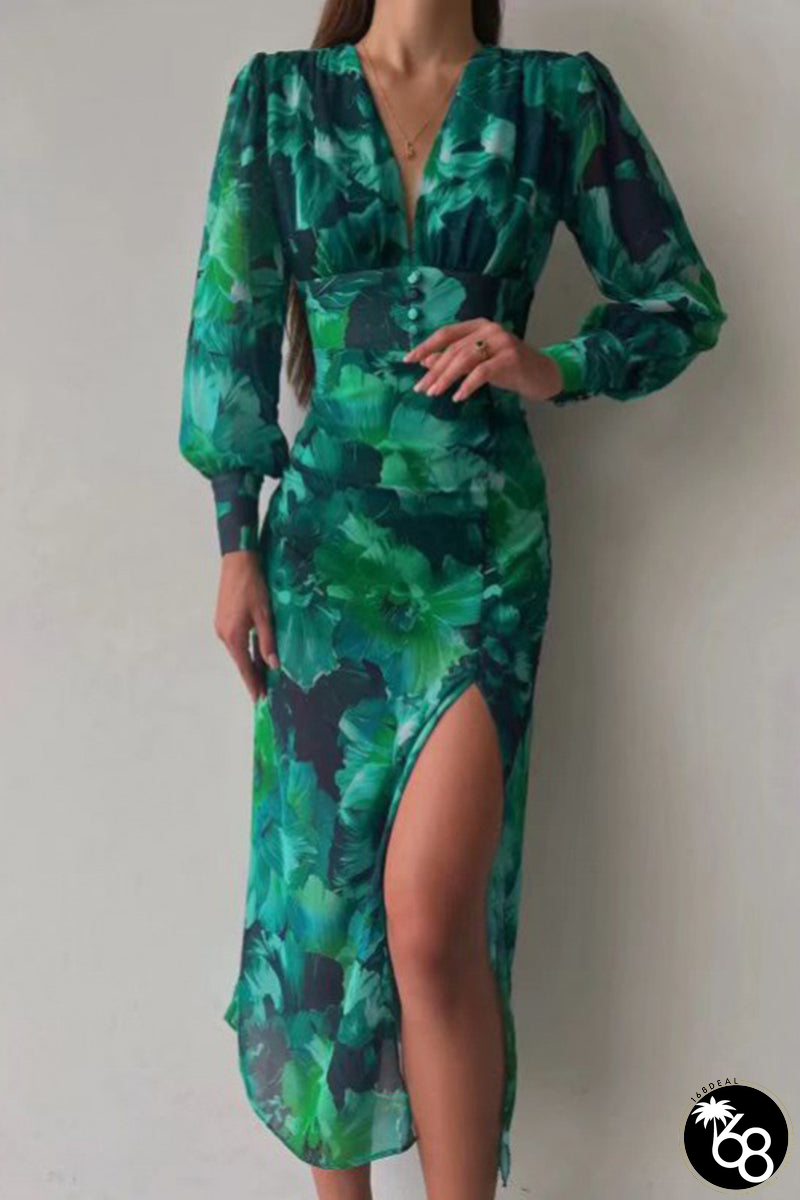 Elegant Floral Slit V Neck A Line Dresses | 168DEAL