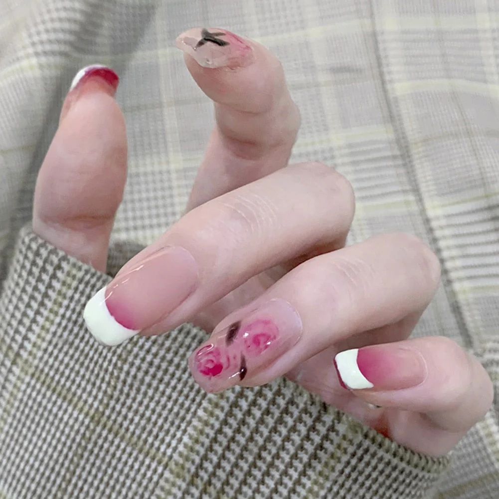 Simple Pink press on Nails Medium Round Full Cover Detachable nail tips for girls Manicure acrylic French fake nails with glue-Nail Inspo