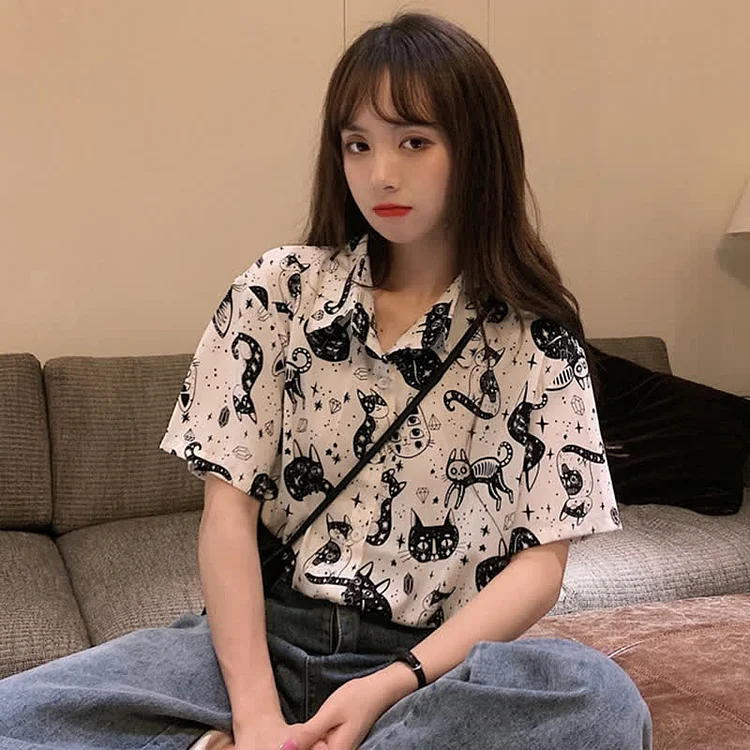 Kitty Print Short Sleeve Lapel Chiffon T-Shirt - Modakawa modakawa