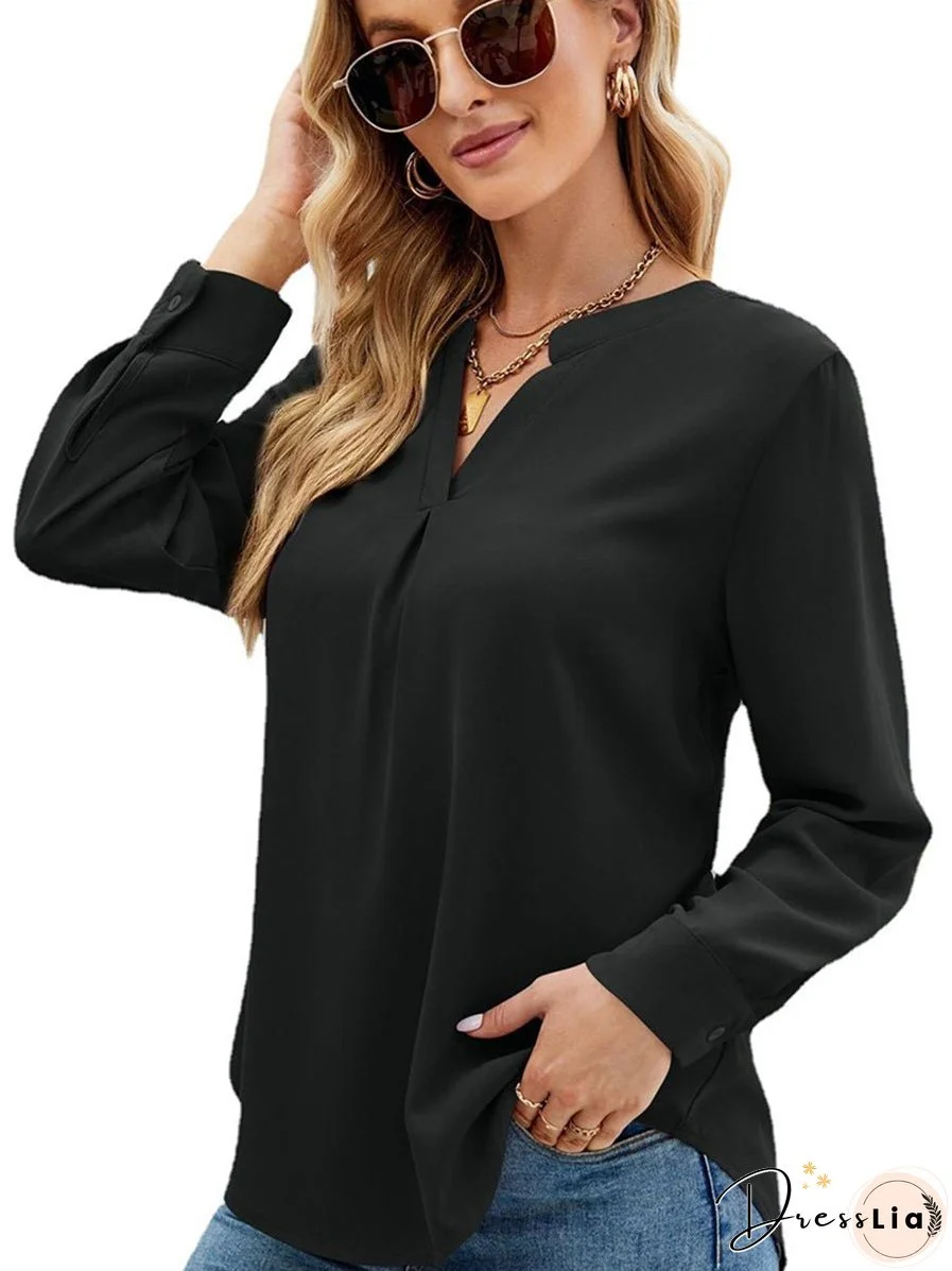 Solid Color Chiffon Loose V-Neck Long Sleeve T-Shirt