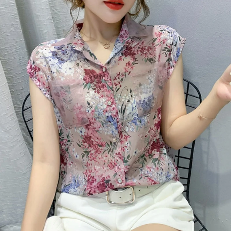 Casual Sleeveless Print Blouse Spring Summer New Floral Chiffon Shirts Women  Plus Size Cardigan Ladies Tops Blusas Mujer 10225