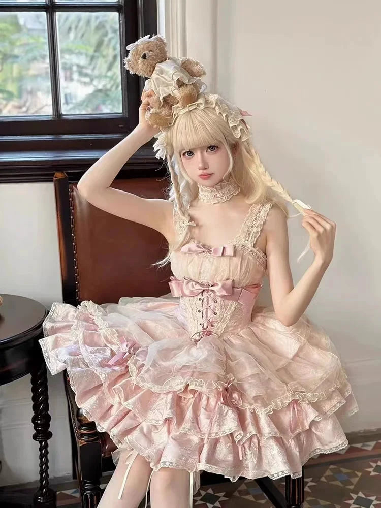 Aiertu Japanese Sweet Lolita Jsk Dresses Kawaii Women Vintage Elegant Lace Bowknot Princess Strap Dress Harajuku Y2k Clothes Hot Sellin Aiertu
