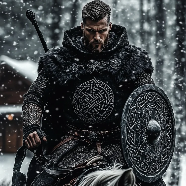 Men's Viking Tribal Jacquard Celtic Chunky Knit Hooded Sweater