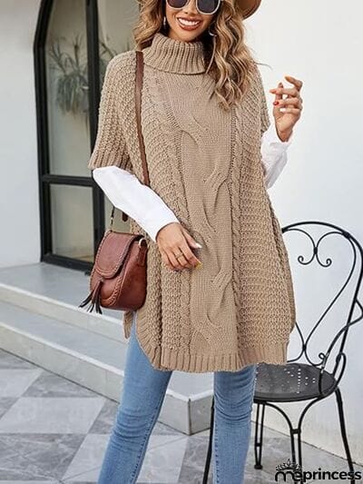 Cable-Knit Half Sleeve Turtleneck Sweater