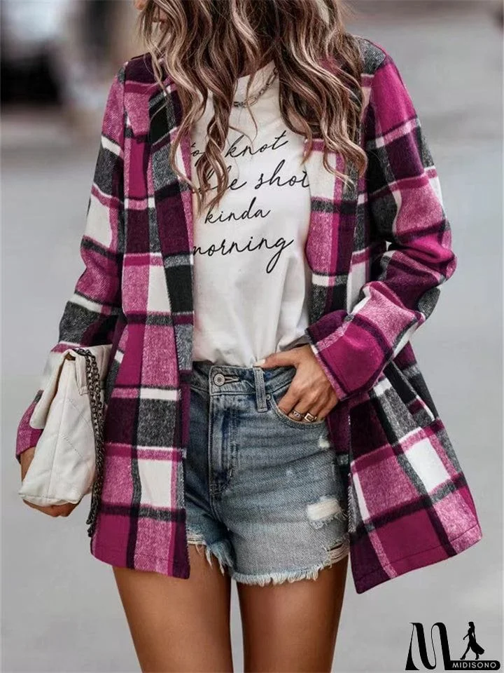 MidiSono - Oversized Plaid Shacket Sweet Flannel Coats for Ladies