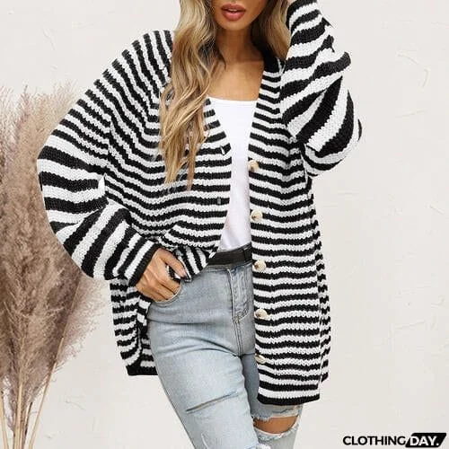 Striped Button Down Long Sleeve Cardigan