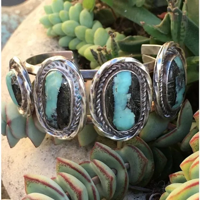 Rare Carlin Mine Turquoise Row Bracelet Navajo Sterling Silver Vintage