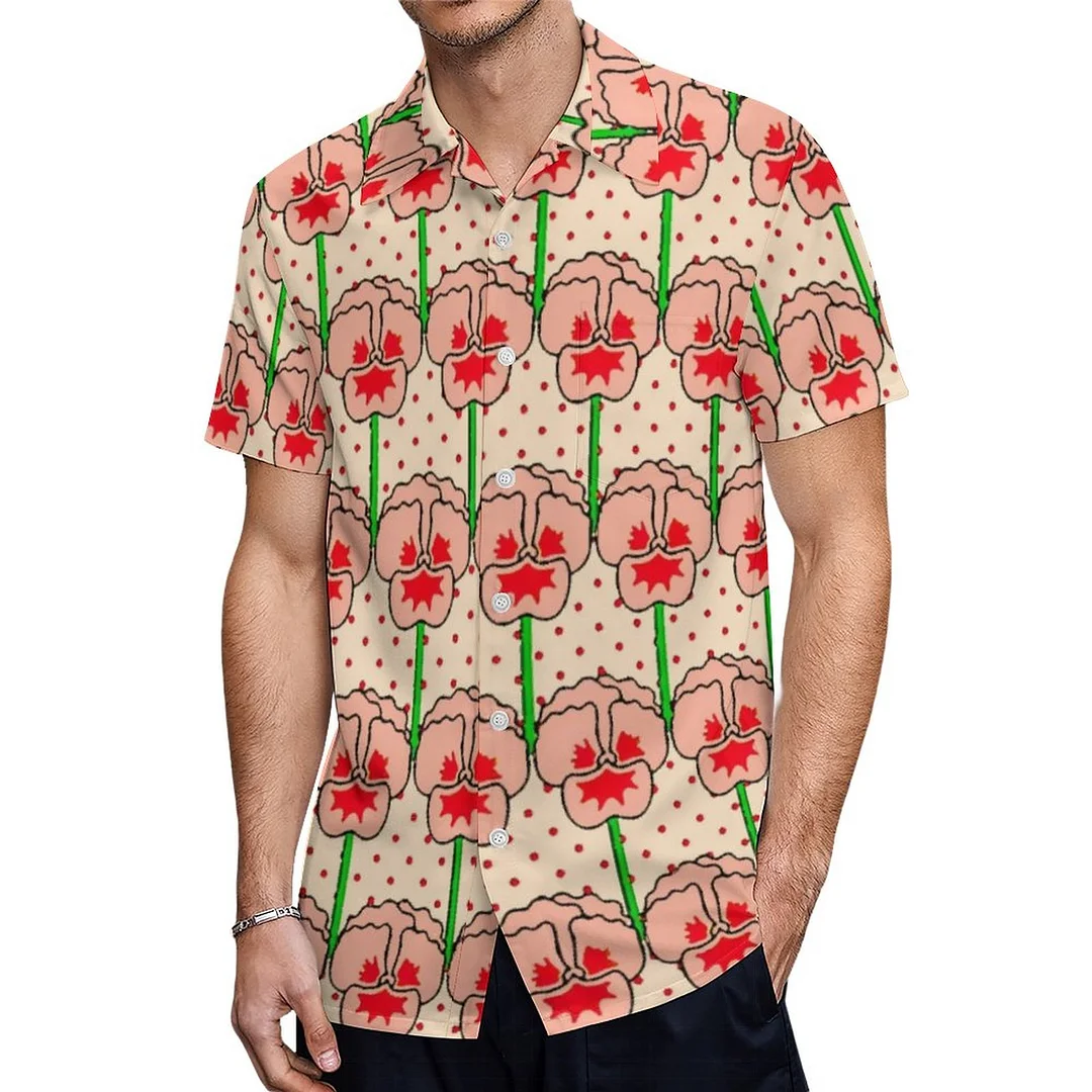 Short Sleeve Pink Dot Coral Pansies Retro Hawaiian Shirt Mens Button Down Plus Size Tropical Hawaii Beach Shirts