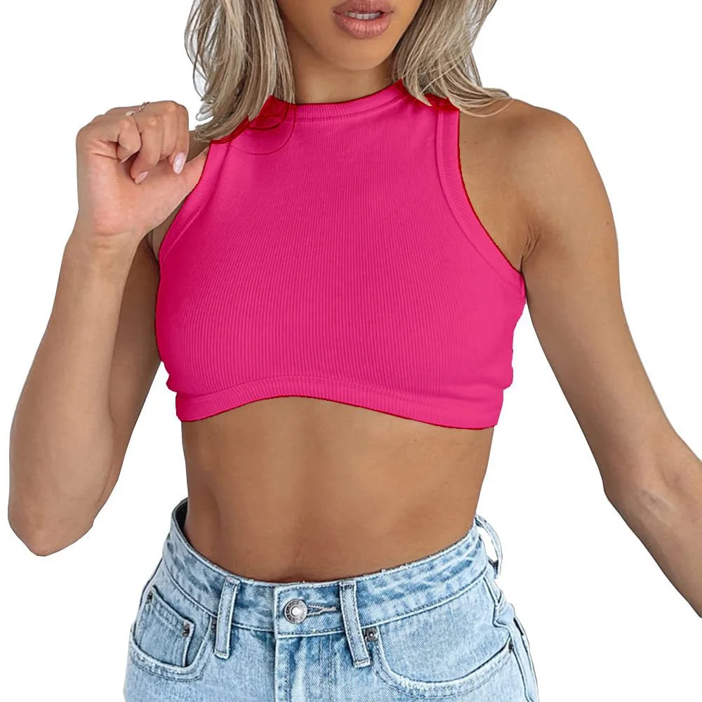 Uveng Uveng Women's New Women's Sexy Sleeveless Round Neck Rib Knit Vest Crop Top