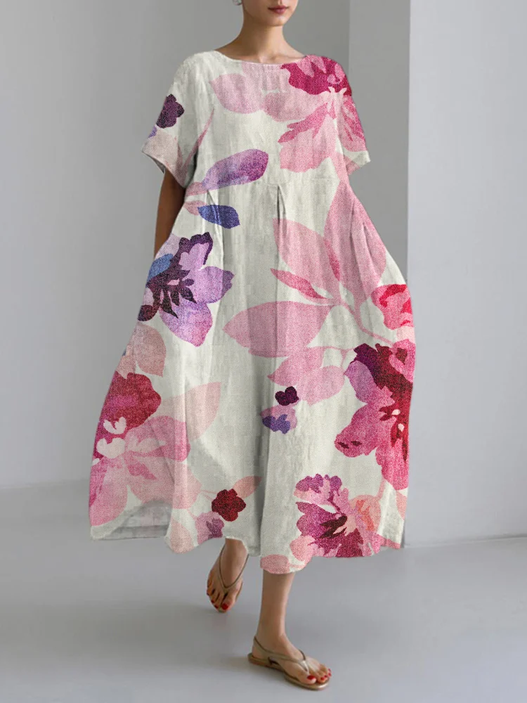 VChics Watercolor Floral Element Print Linen Blend Maxi Dress