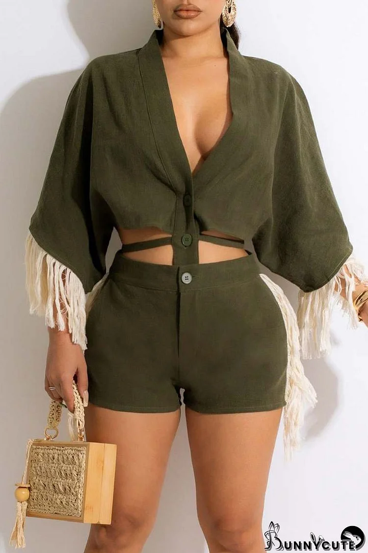 Ink Green Casual Solid Tassel Bandage Split Joint Buckle V Neck Half Sleeve Two Pieces