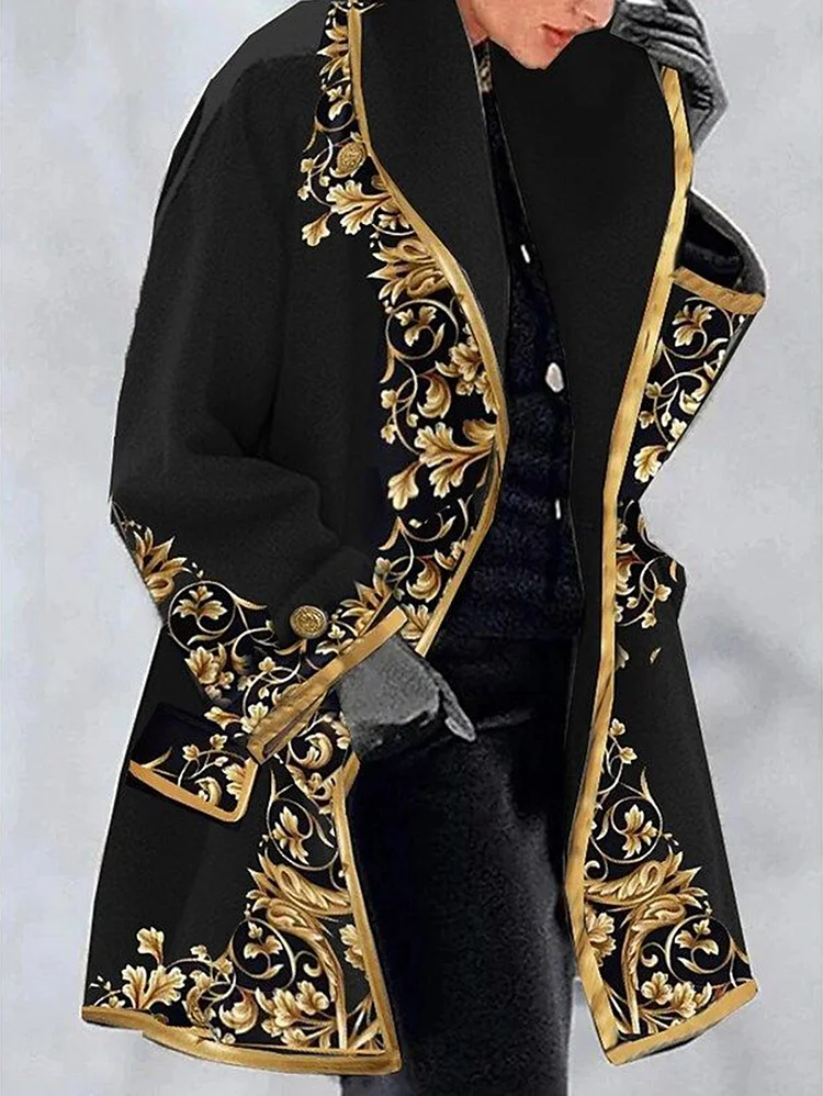 Fashionable Floral Bronzing Trim Lapel Collar Long Sleeve Jacket