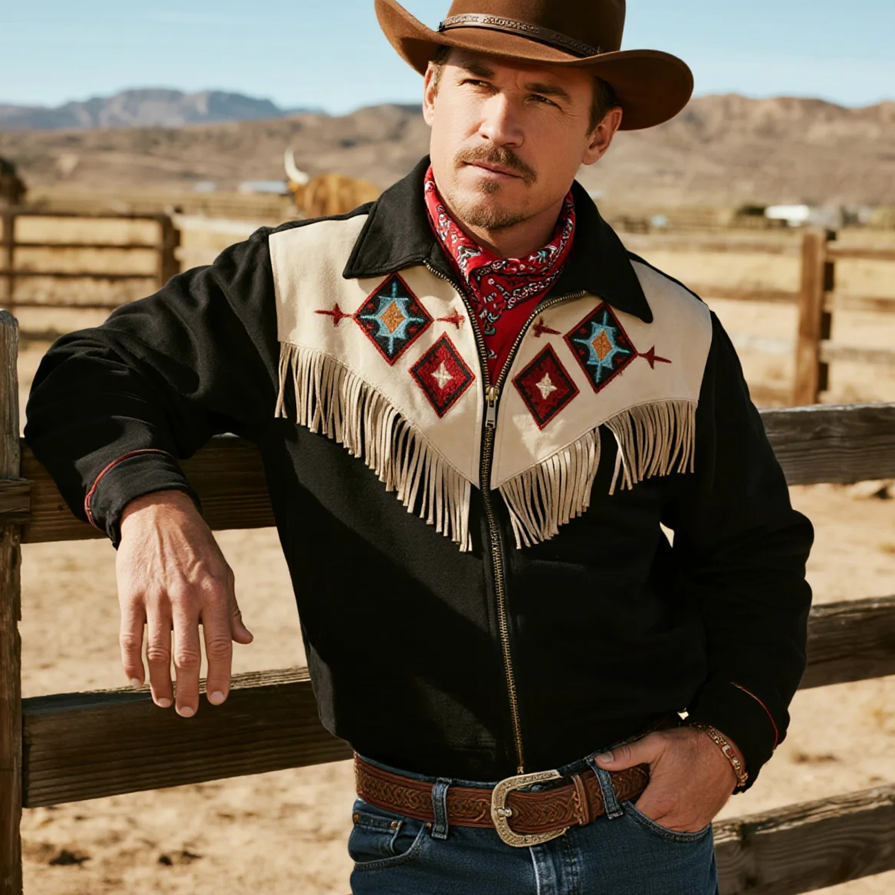 Retro Western Cowboy Style Tassel Contrast Color Stitching Lapel Long Sleeve Top Jacket