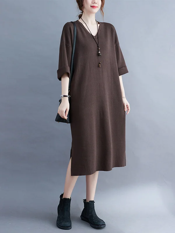 Urban Pure Color V-Neck Split-Side Knitting H-Line Sweater Dress