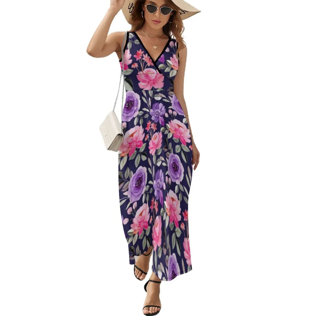 Summer Casual Pink Purple Watercolor Dresses Floral Casual Beach Maxi Sleeveless Dress