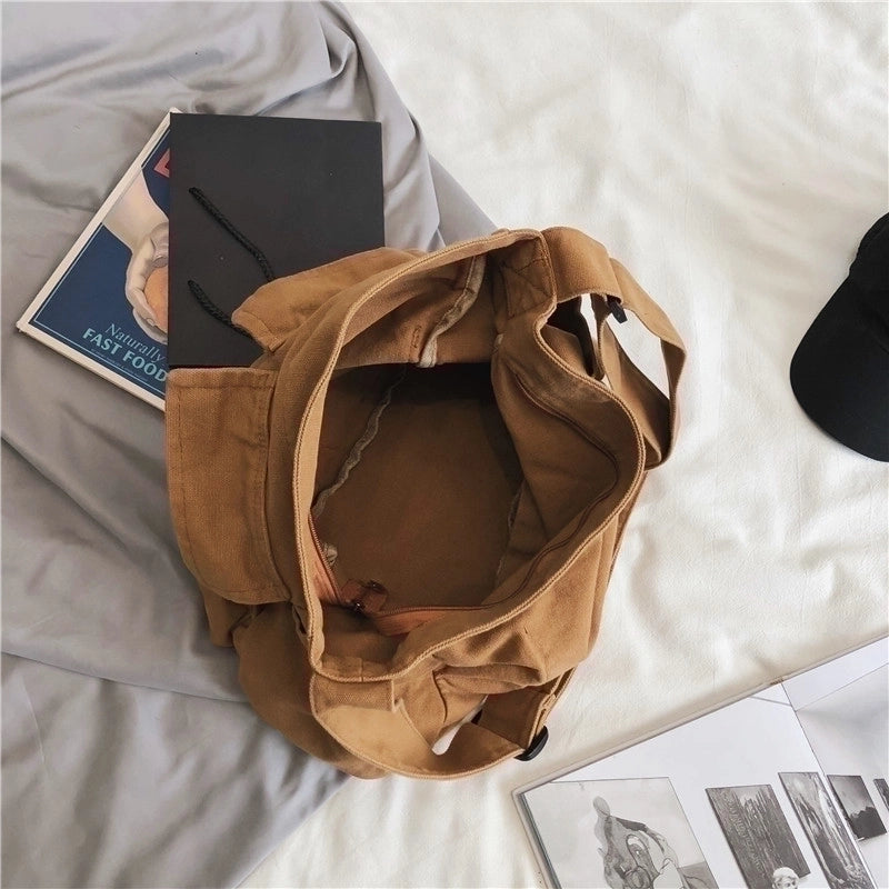 Unisex Canvas Solid Color Streetwear Square Zipper Shoulder Bag