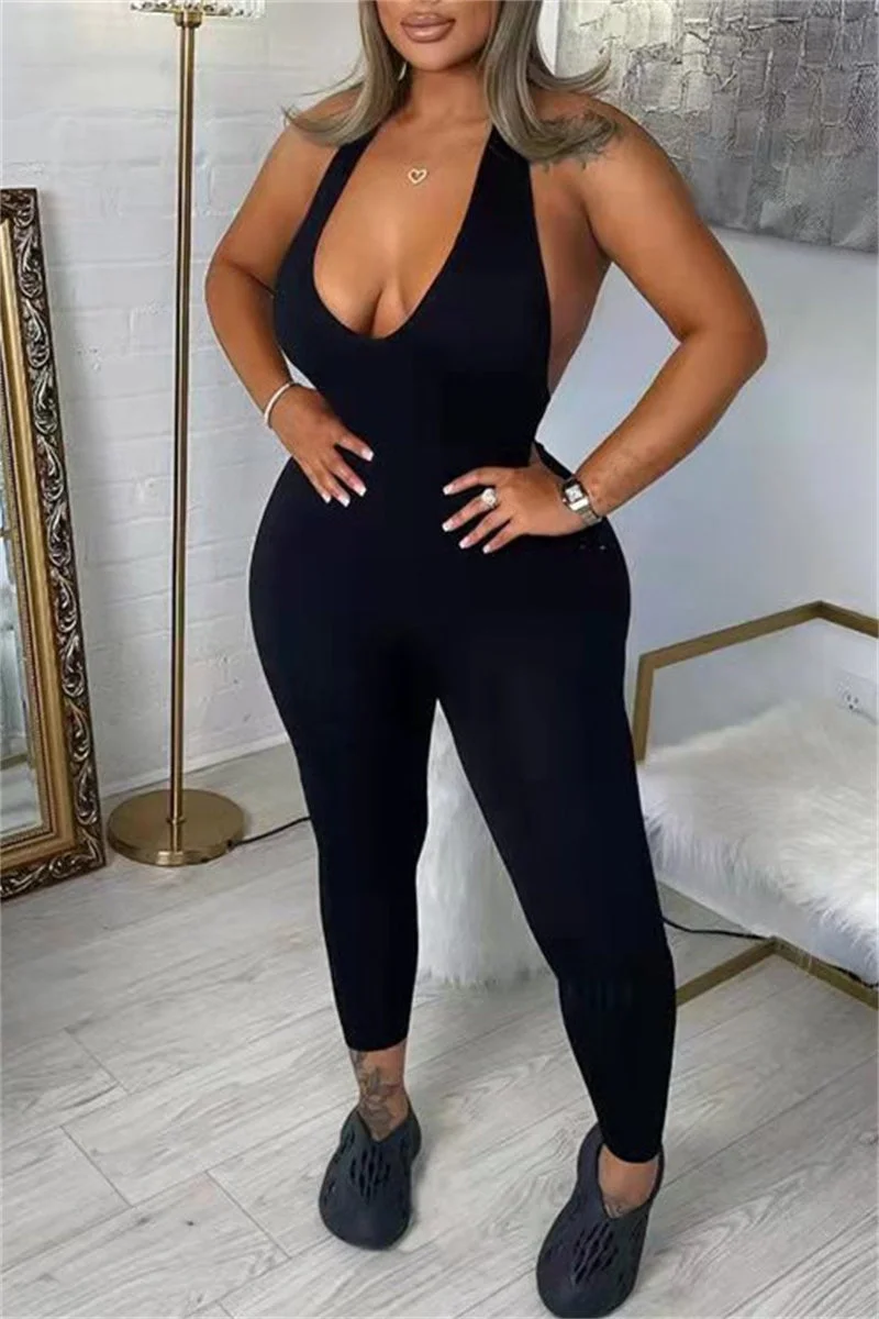 Fashion Sexy Solid Backless Halter Skinny Jumpsuits