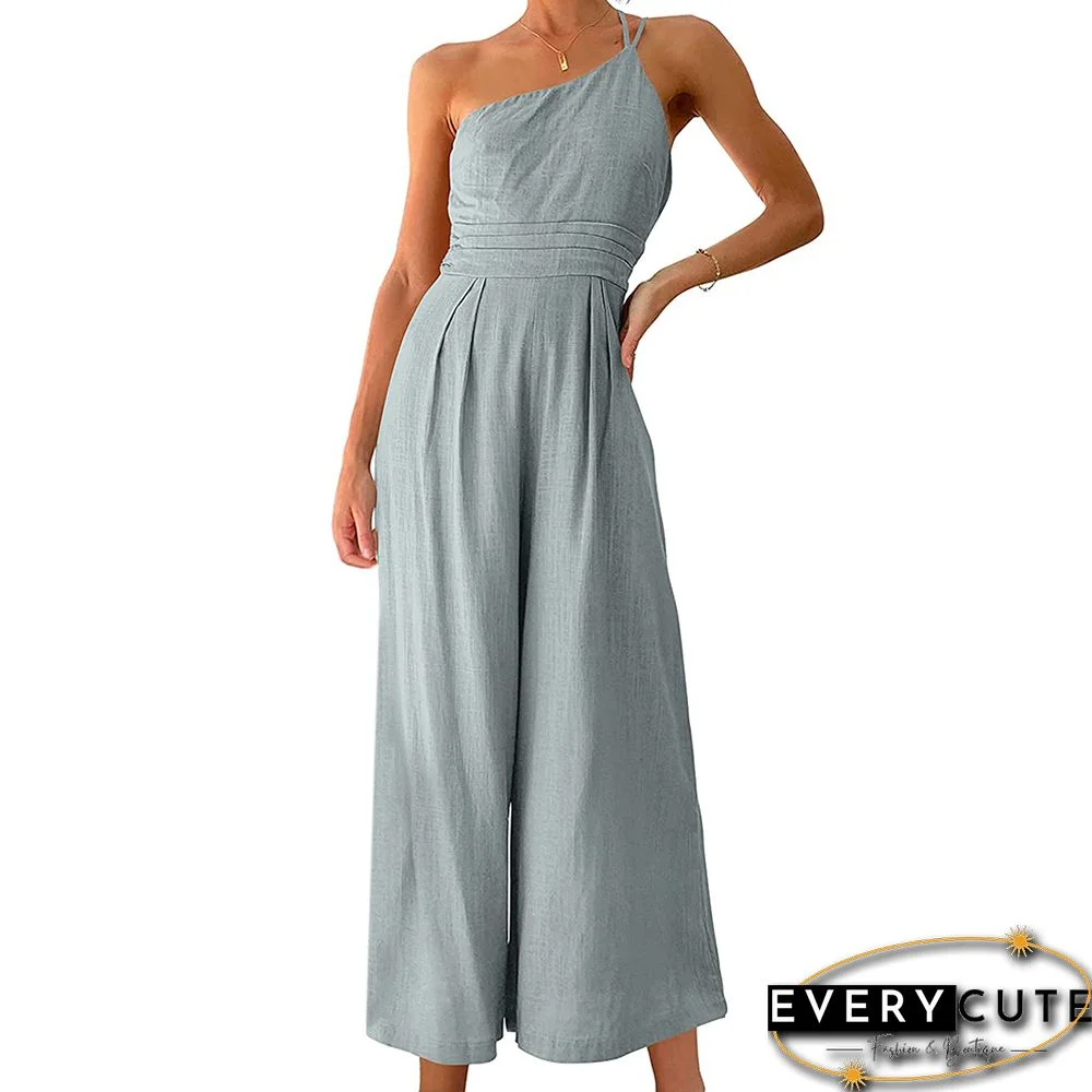 Gray One-shoulder Pocketed Wide Leg Jumpsuit