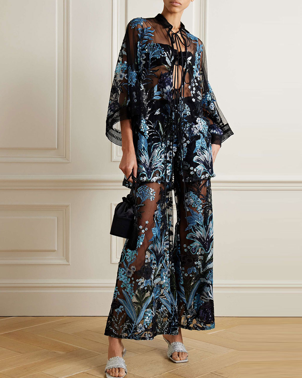 Crochet-Trimmed Sequined Embroidered Tulle Blouse and Pants Two-Piece Set