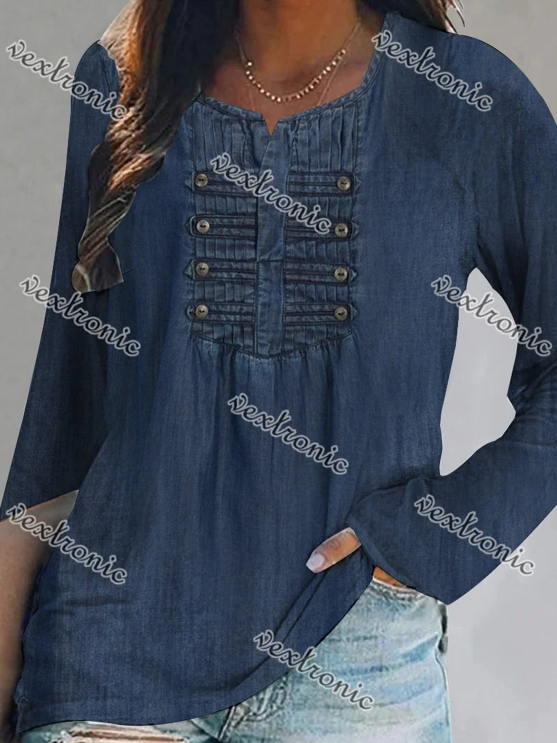 Women's Dark Blue Scoop Neck Long Sleeve Solid Color Tops