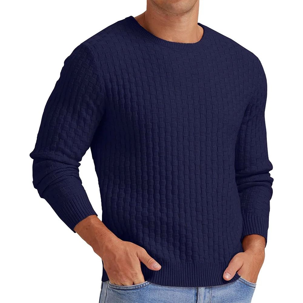 Wongn Wongn Men's New Waffge Solid Color Round Collar Long Sleeve Sleeve Sweater Fashion Casual Men's Sweater Top