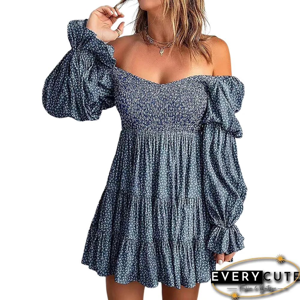 Blue Floral Off the Shoulder Pleated Tunic Dress