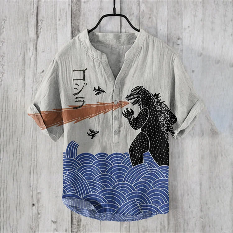 Japanese Godzilla And The Great Waves Art Print Henry Collar Shirt