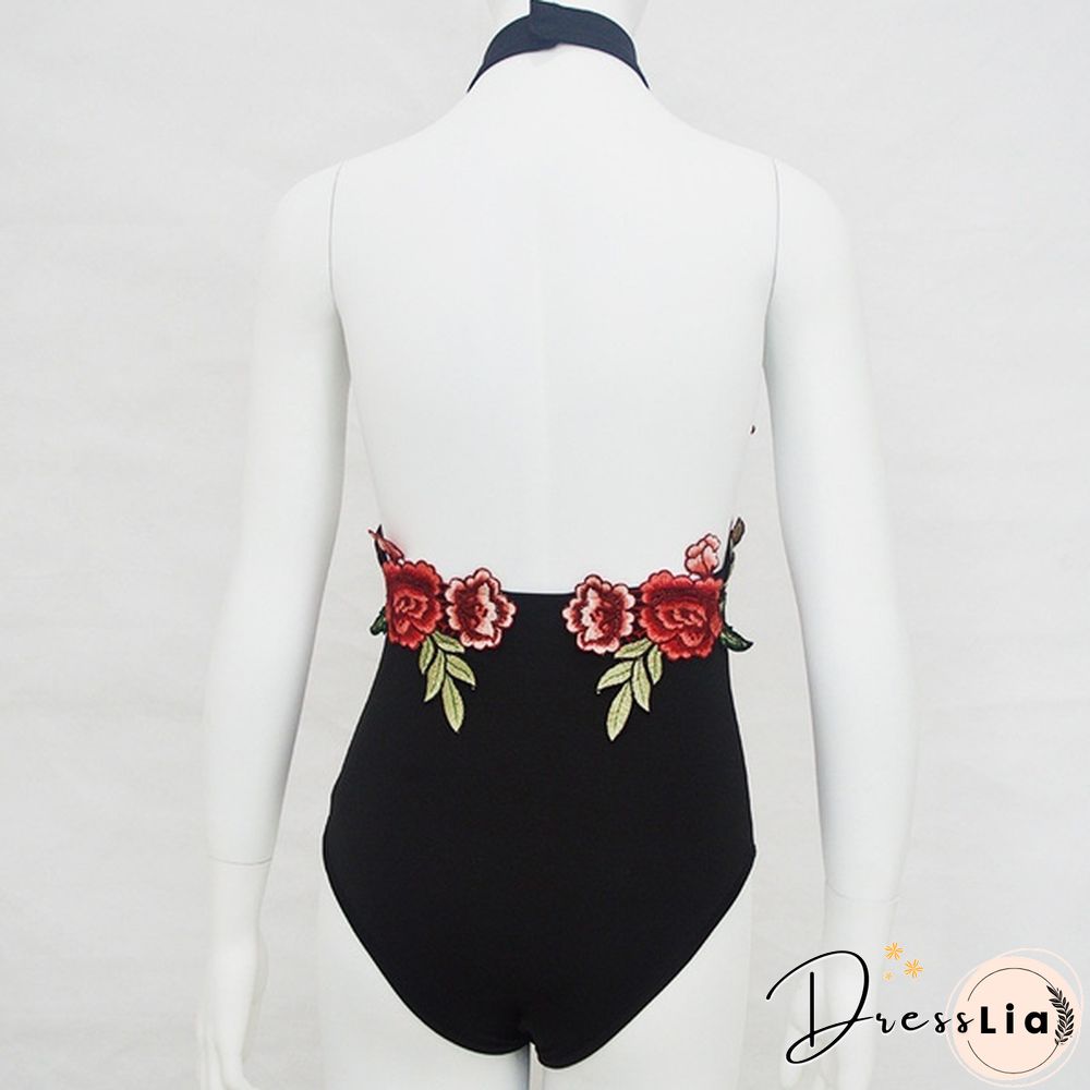 Women's Rose Embroidery Backless Bodysuit High Waist Sexy Rompers