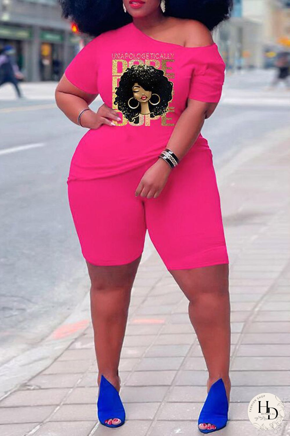 Rose Red Casual Print Basic Oblique Collar Short Sleeve Two Pieces