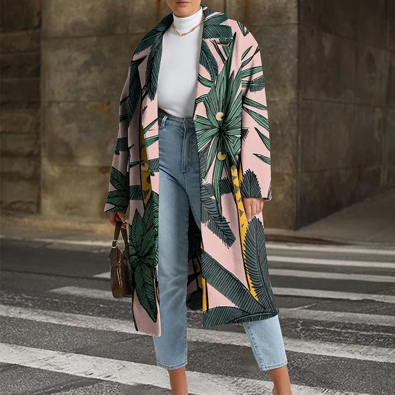 Fashion Leaf Print Long Coat